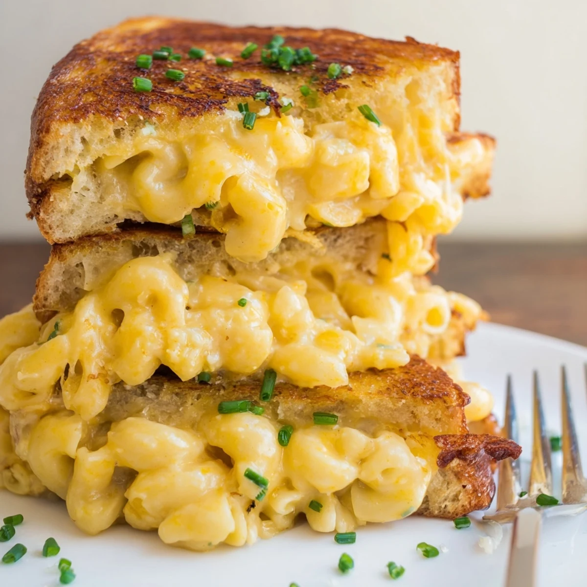 Creamy mac and cheese stuffed French toast served with fresh chives and hot sauce.  
