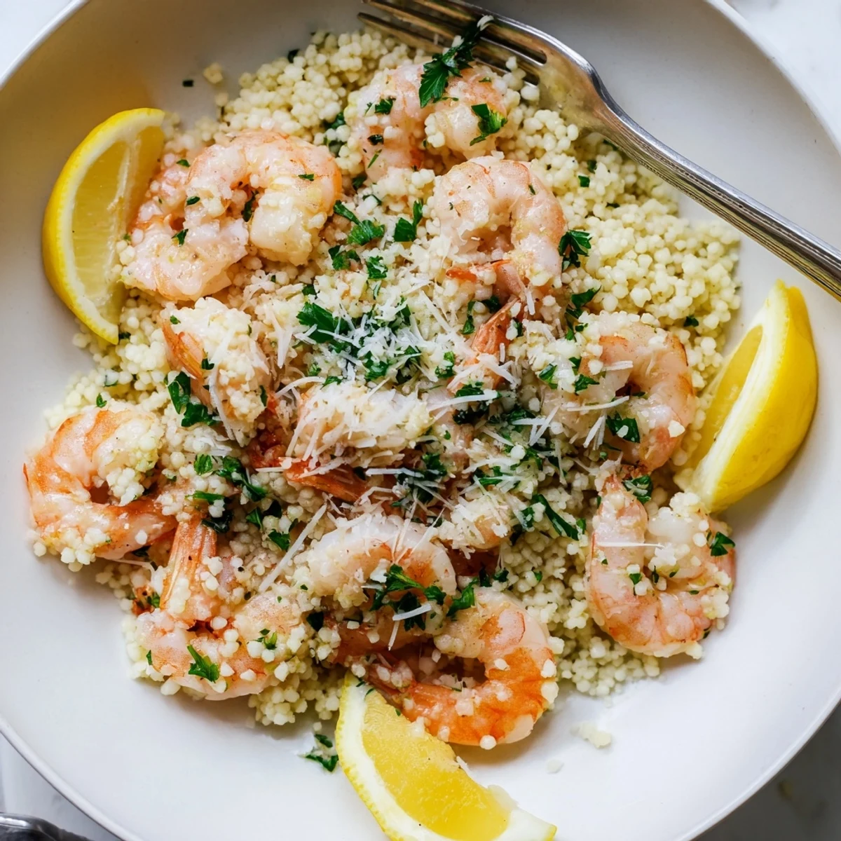 Succulent shrimp Parmesan couscous topped with fresh parsley and zesty lemon wedges.  