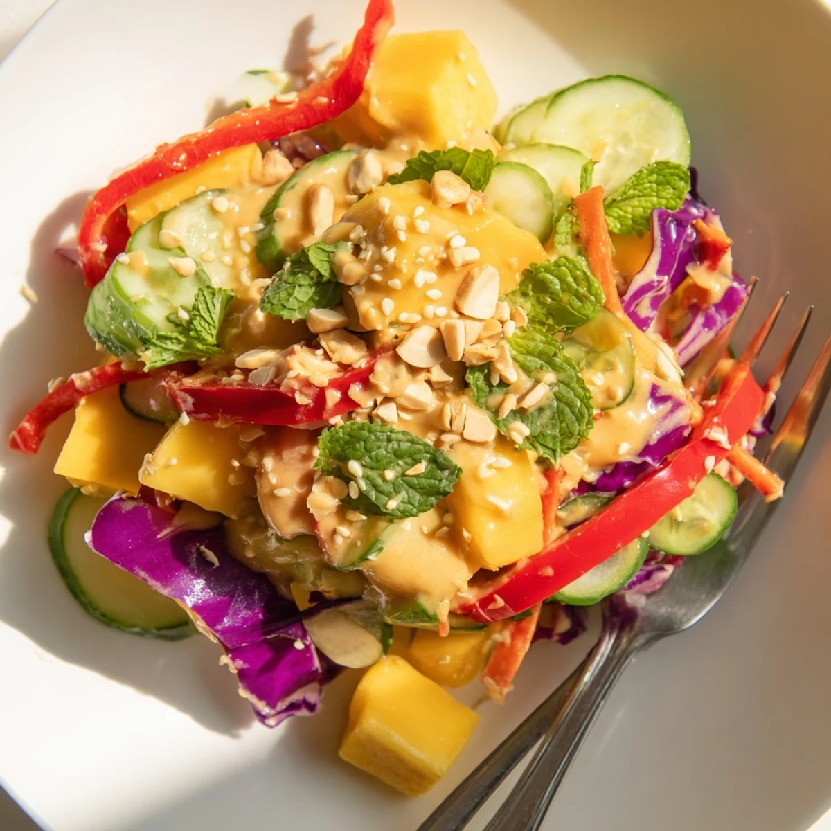 Crisp vegetables and sweet mango in a delightful Thai Peanut Mango Veggie Salad.  