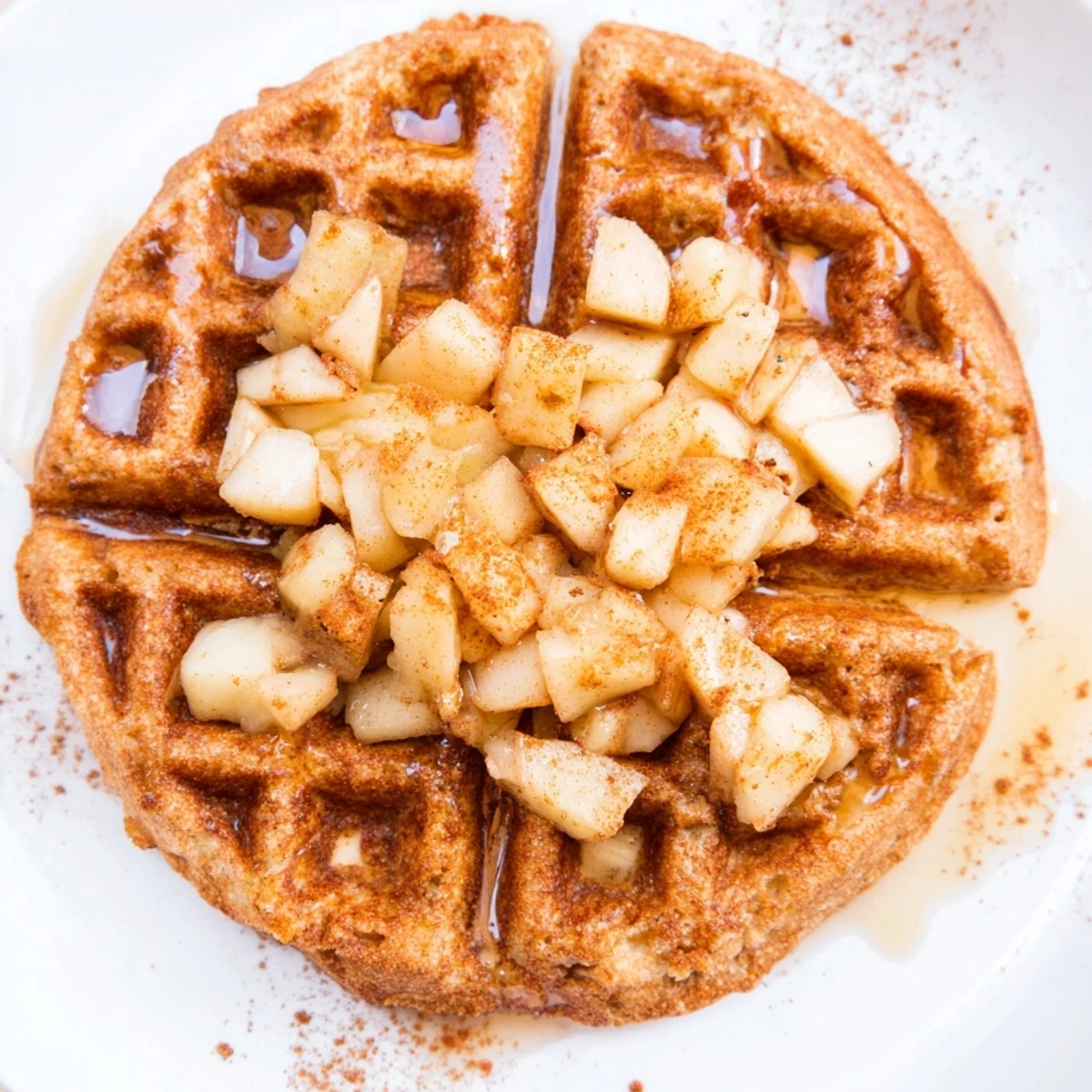 Warm, spiced Cinnamon Apple Protein Waffles served with fresh apple slices and yogurt.  
