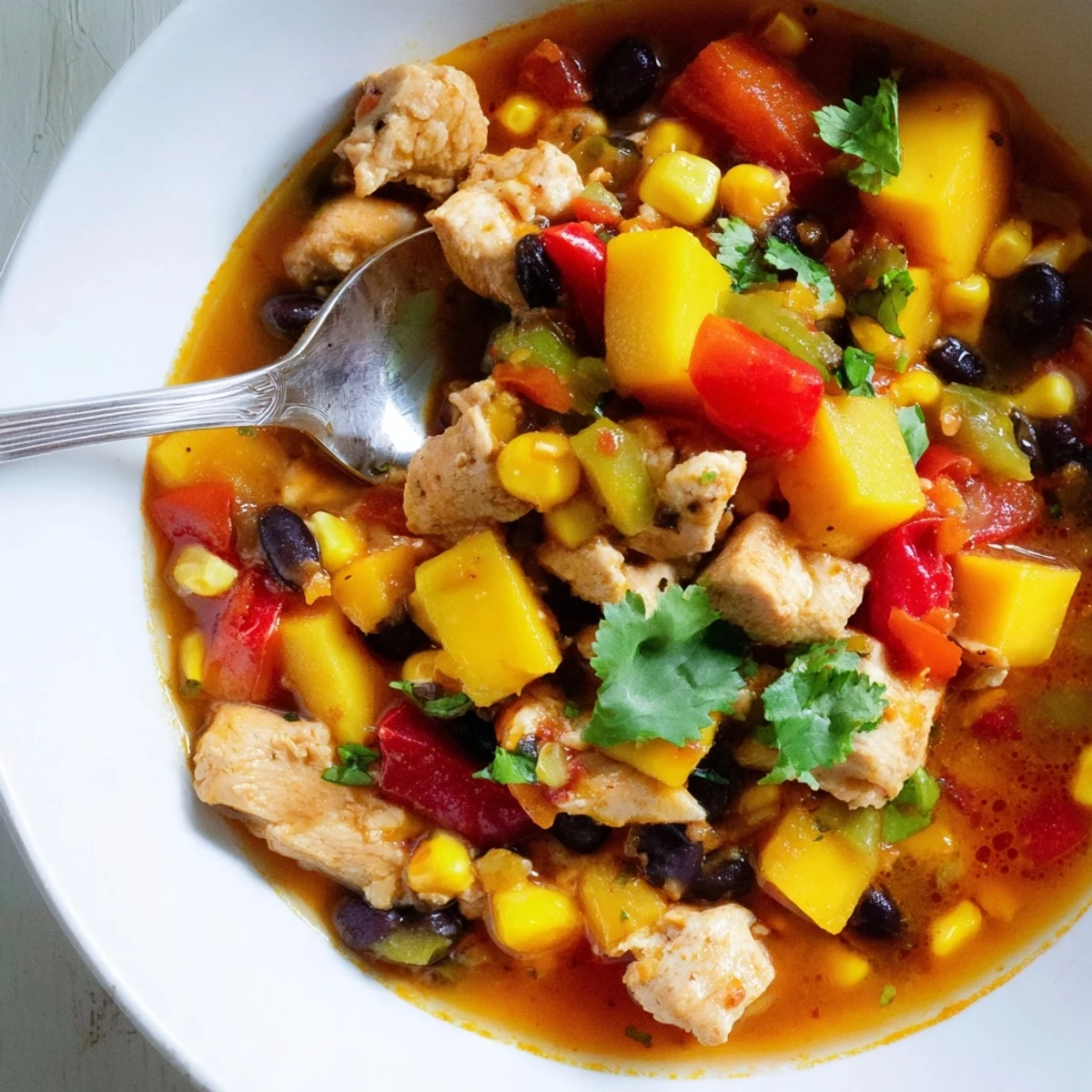 Vibrant Mango Southwest Chicken Chili simmering with spices and garnished with cilantro.  