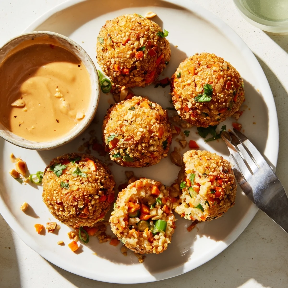 Crispy Thai Peanut Fried Rice Balls served with a creamy peanut dipping sauce.