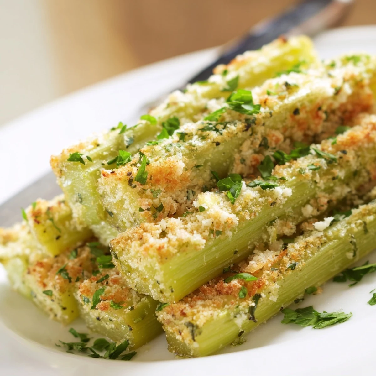 Crisp garlic Parmesan celery sticks baked to a golden, savory delight.  