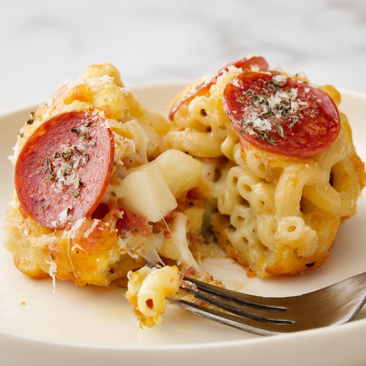 Crispy, bubbling Cheesy Pepperoni Mac Bombs on a parchment lined tray, ready to eat.