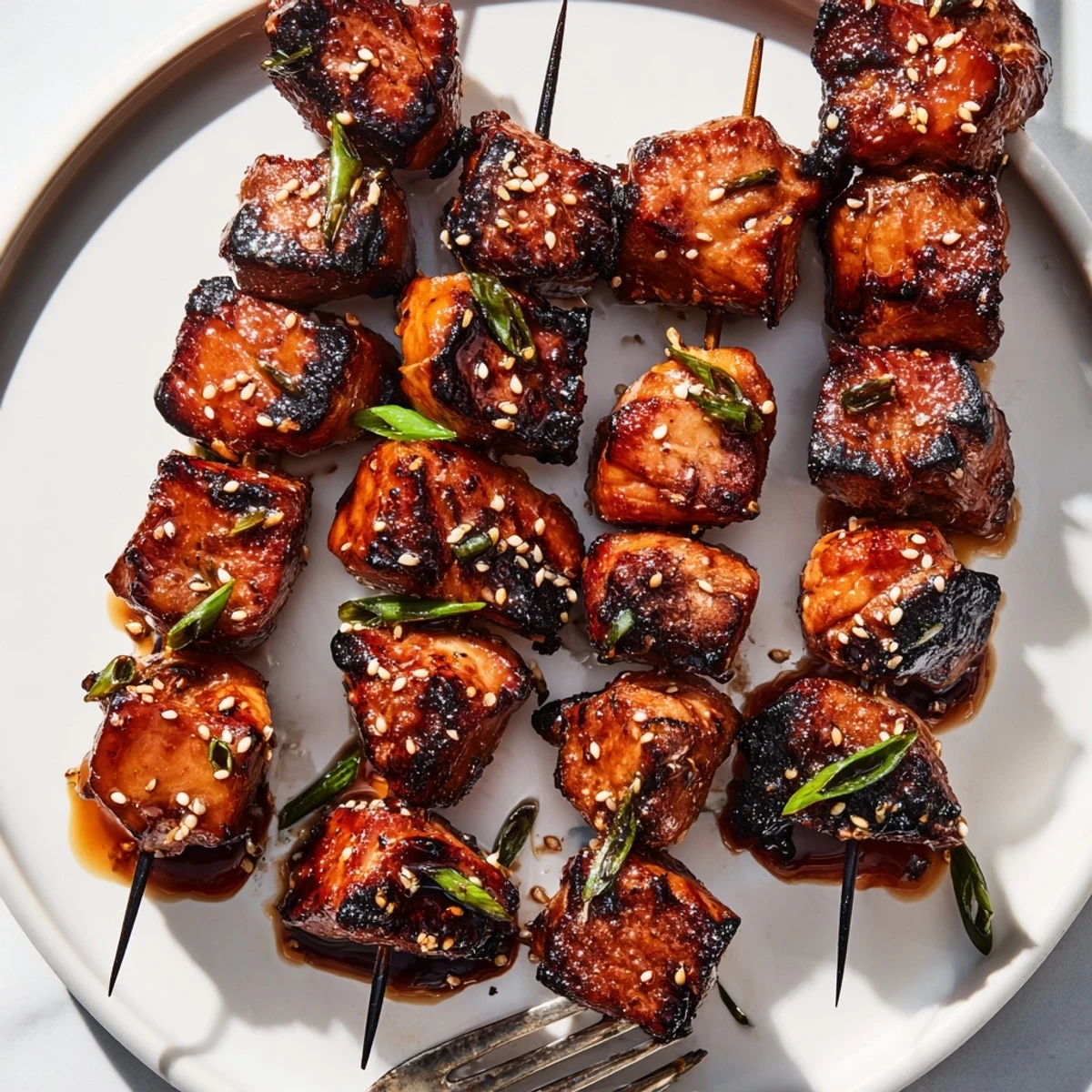 Juicy ginger teriyaki chicken skewers garnished with sesame seeds, perfect for any meal.  