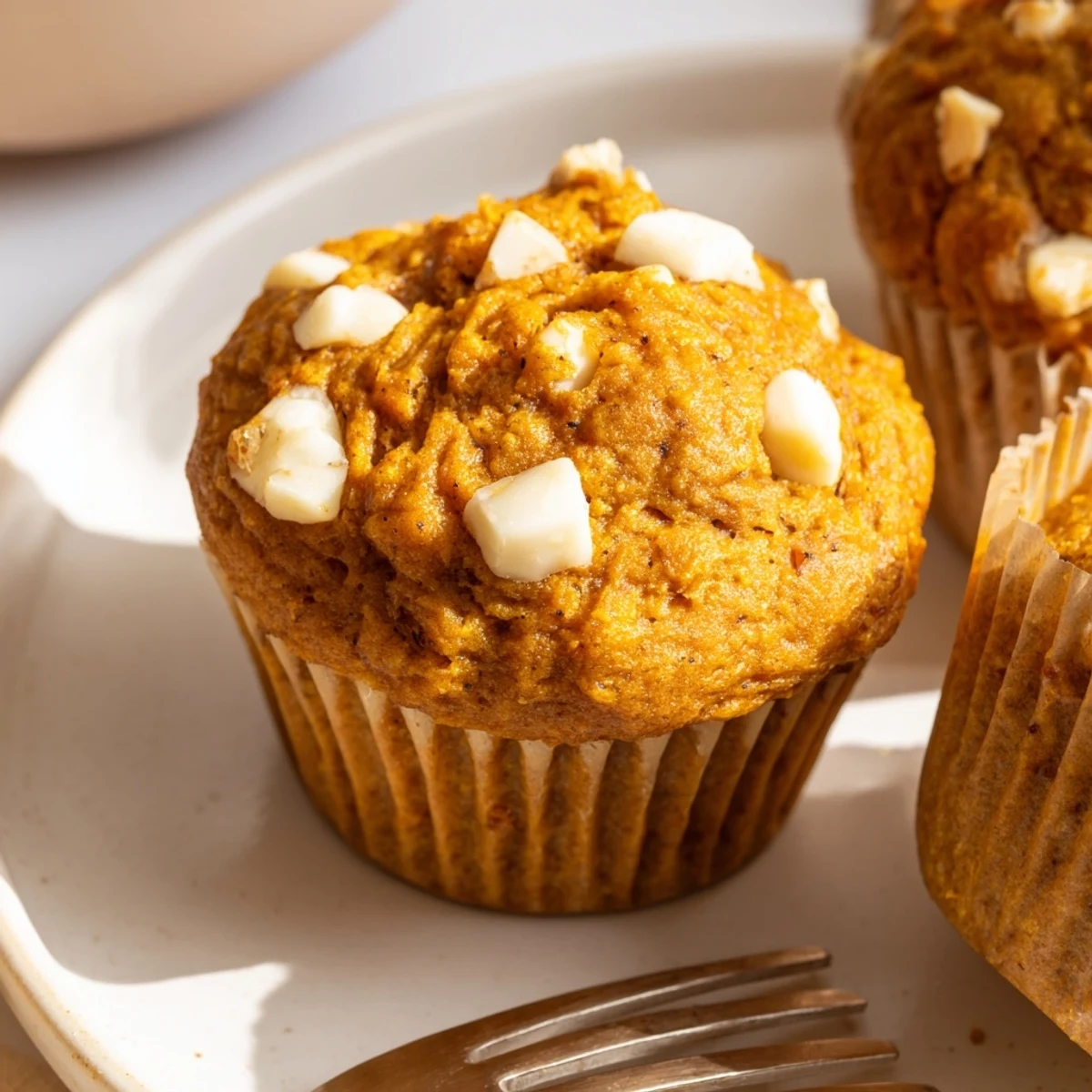Delicious pumpkin muffins enhanced with rich white chocolate chunks, a fall favorite treat.