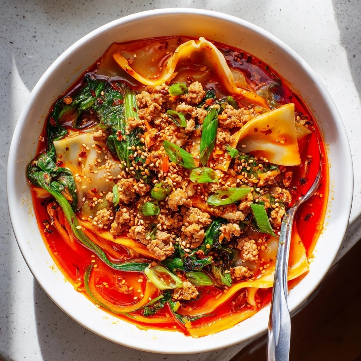 A steaming bowl of Spicy Ramen-Inspired Lasagne Soup, perfect for chilly evenings.  