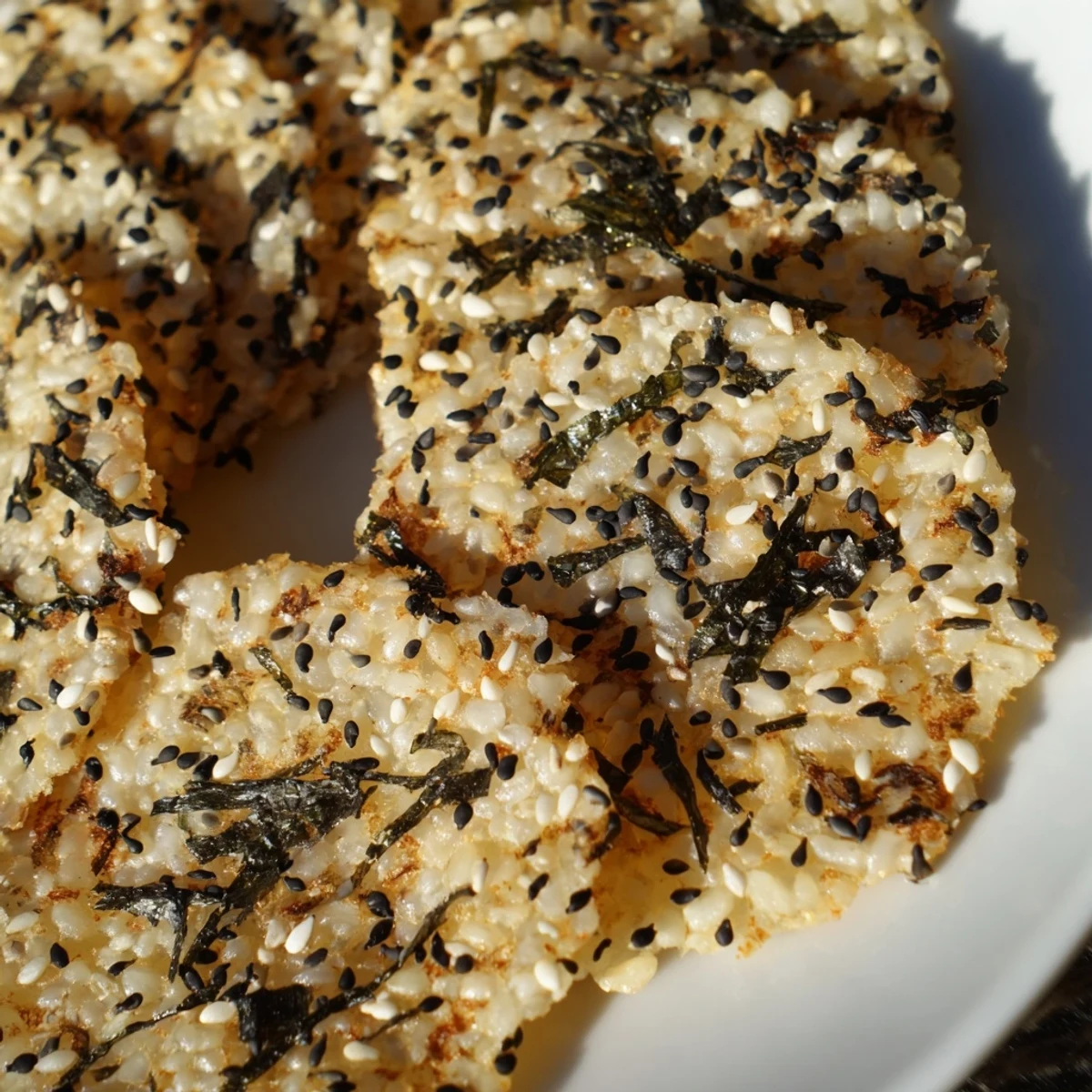 Crispy seaweed and sesame rice crisps perfect for snacking on game day.  