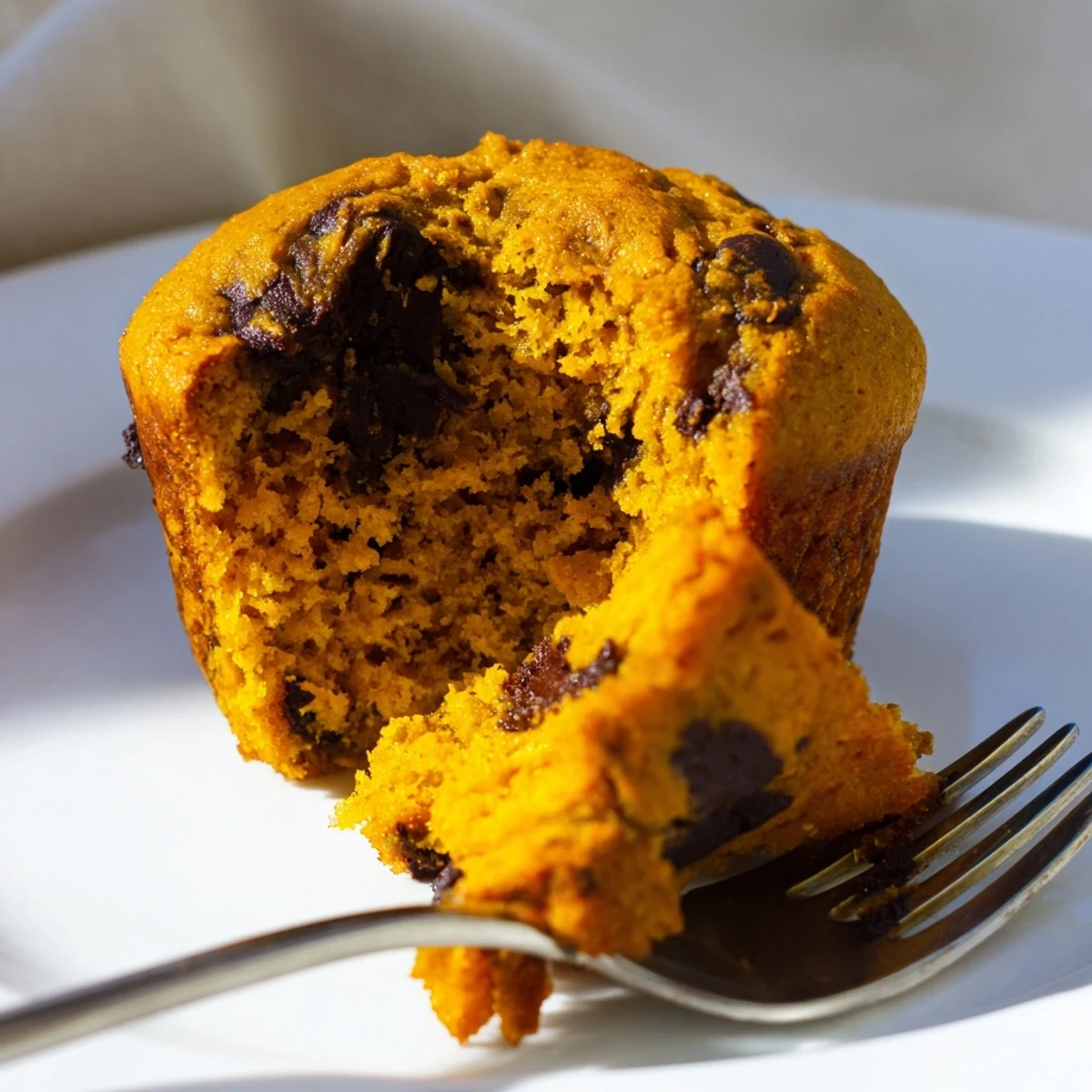 Moist pumpkin chocolate chip muffins with a tangy sourdough twist for breakfast.  