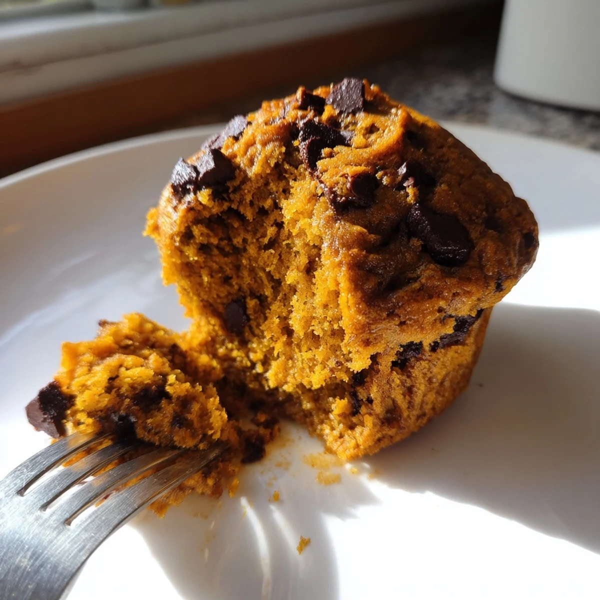 Delicious pumpkin chocolate chip muffins warm from the oven, perfect for cozy snacking.  