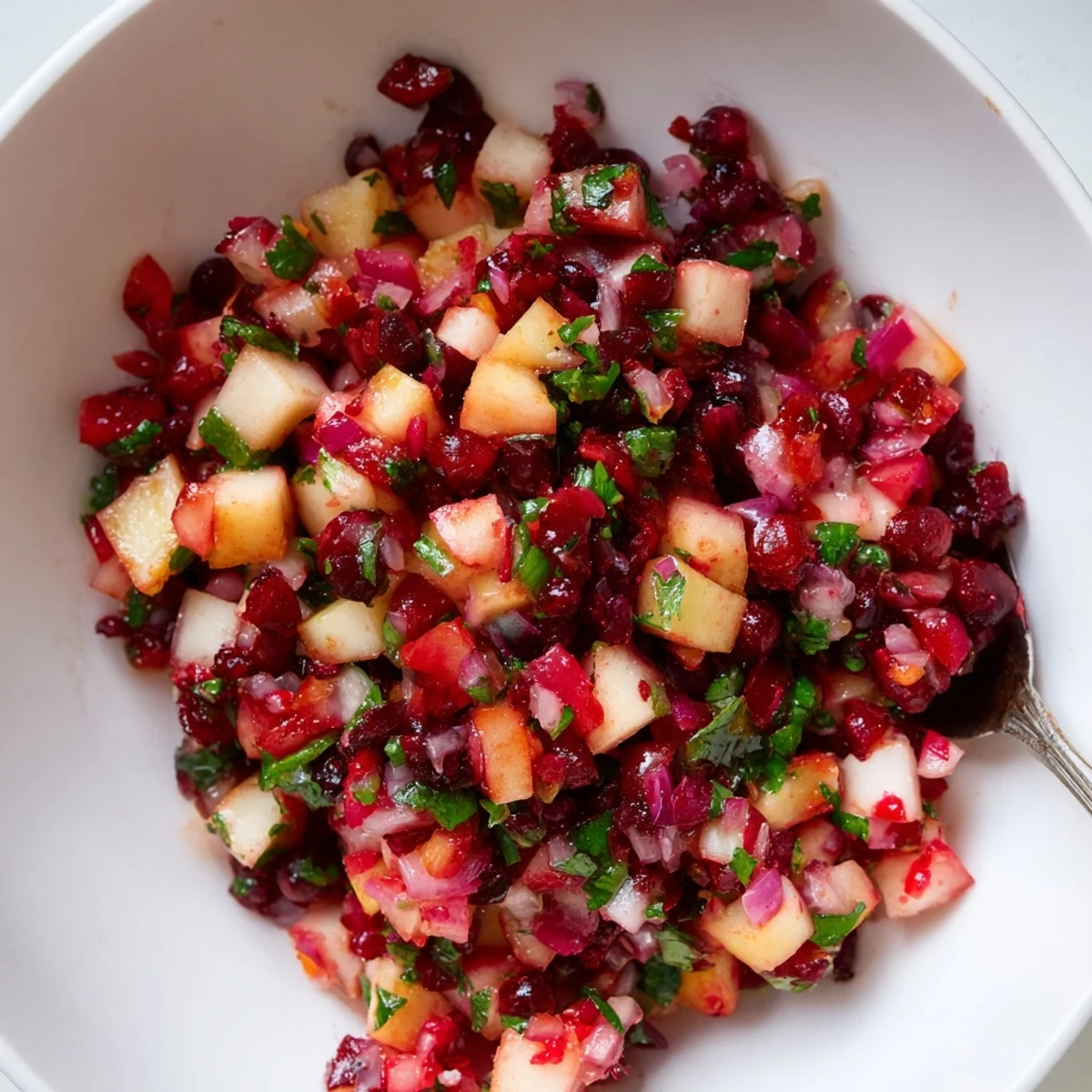 Fresh Pear and Cranberry Jalapeño Salsa served in a colorful bowl, perfect for dipping.  