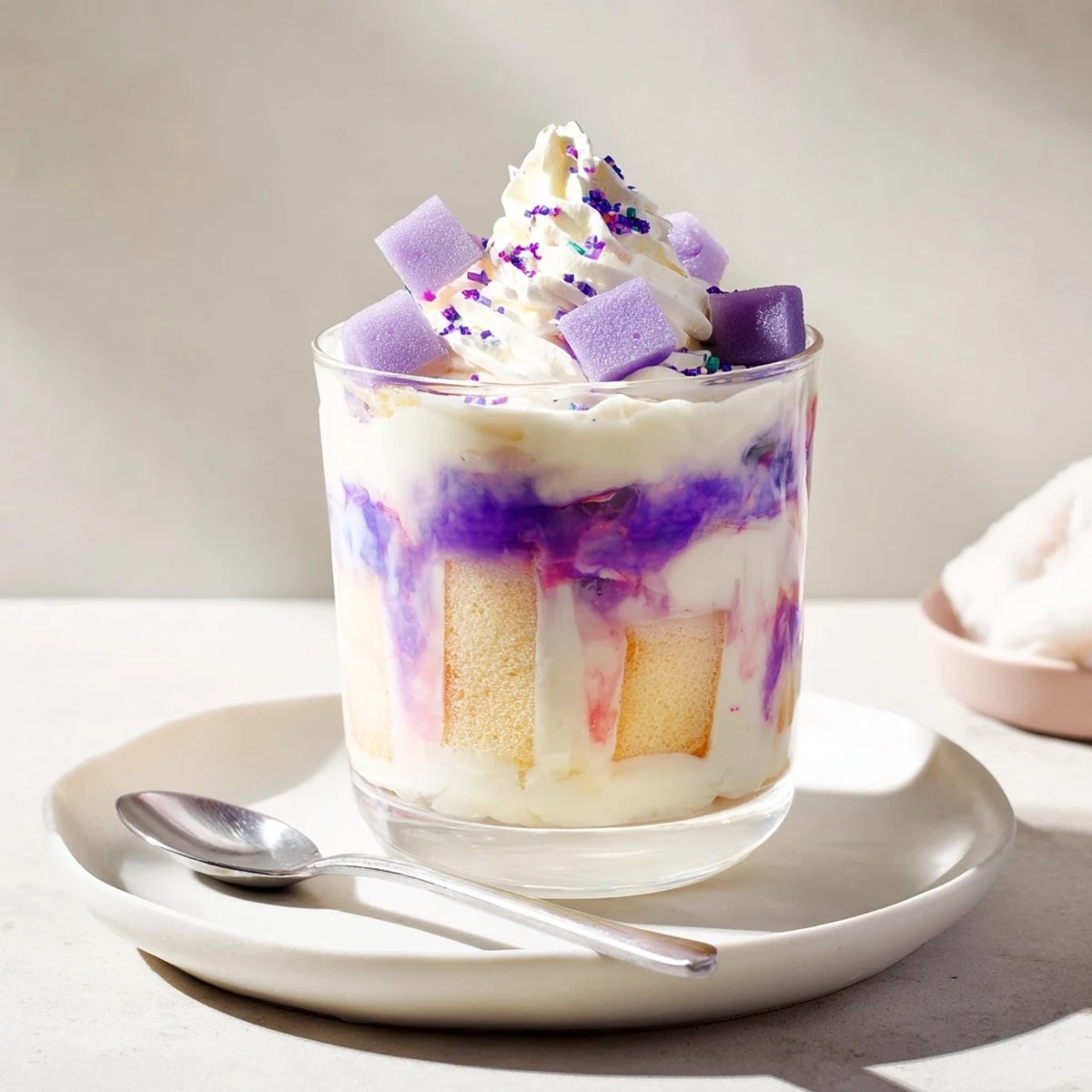 Creamy ube milk jelly trifles, showcasing purple layers and topped with fresh cream.  