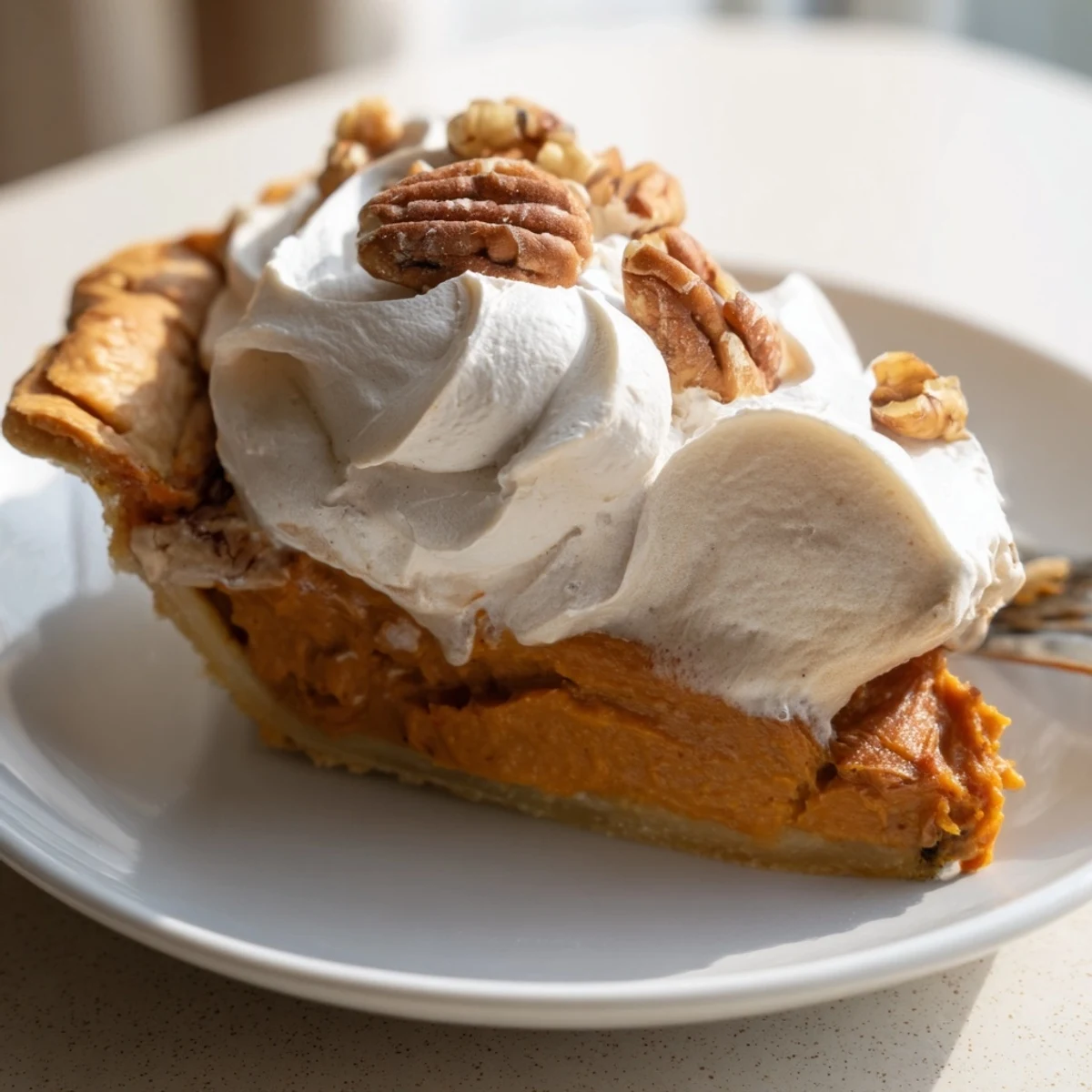 A slice of Thanksgiving Sweet Potato Miso Pie topped with whipped cream and pecans.  