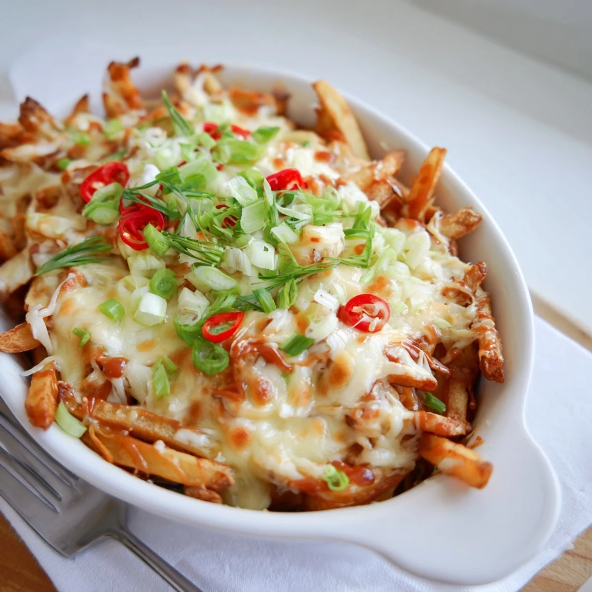 Golden Honey Sriracha Casserole Fries topped with melted cheese and fresh scallions.  