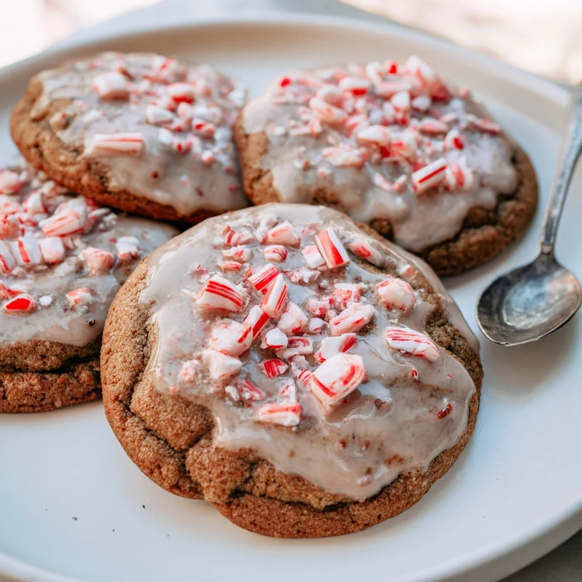Chewy peppermint candy soda float cookies adorned with colorful glaze and crushed candies.