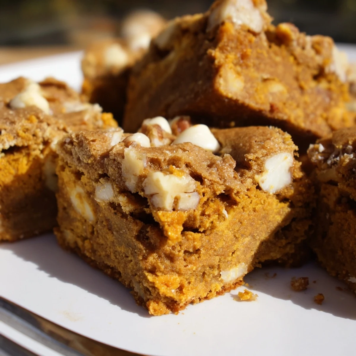Indulge in Maple Bourbon Pumpkin Blondies, a warm, chewy treat with spices.  