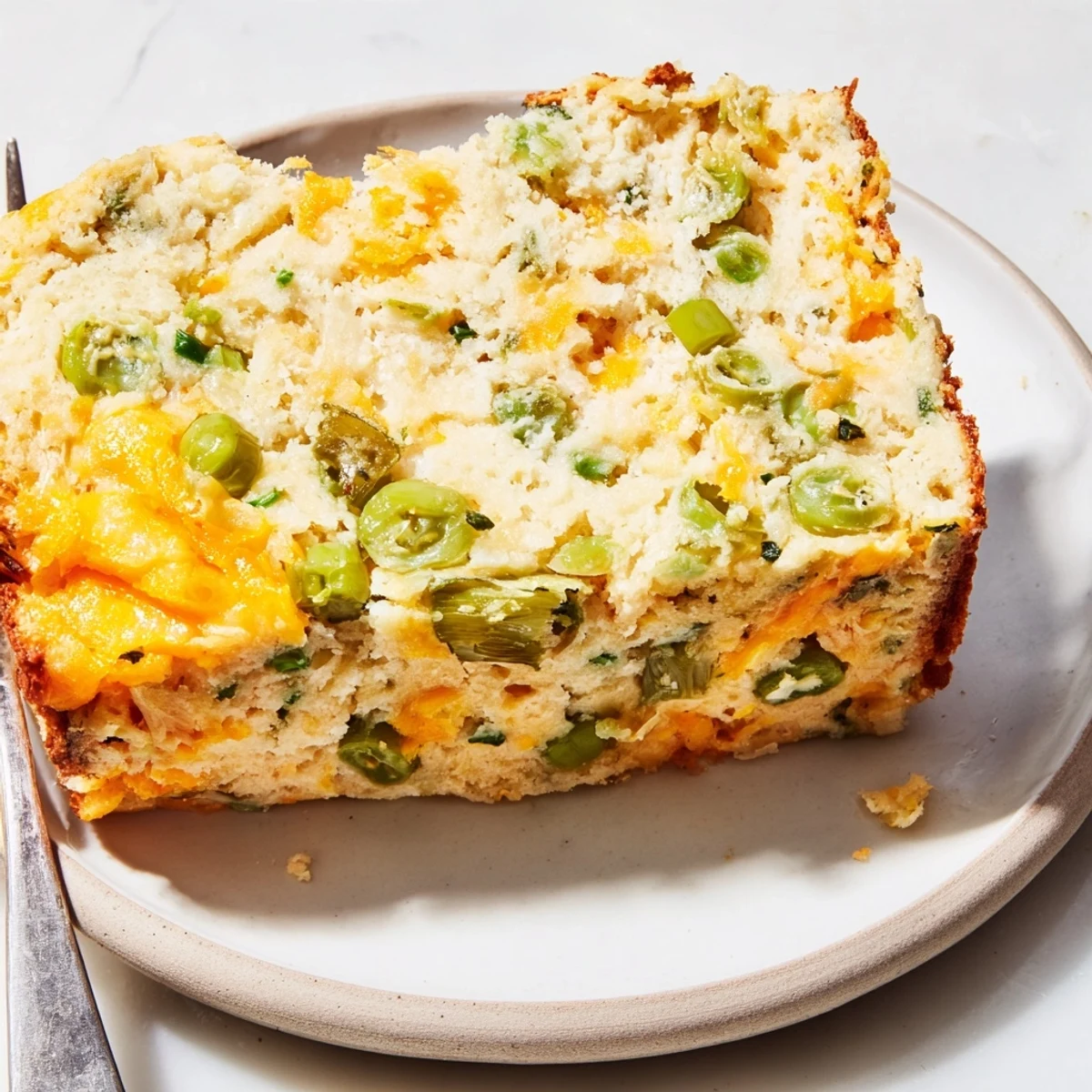 Freshly baked Snap Pea Cheddar Muffin Loaf, golden brown and steaming hot.  