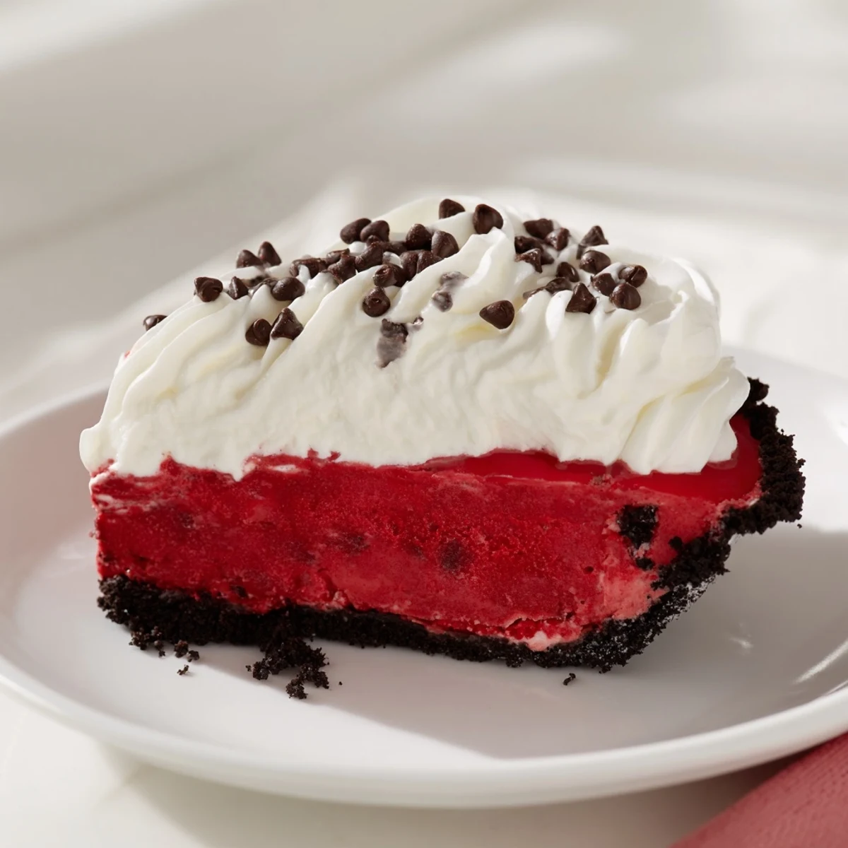 Luscious Red Velvet Cookie Dough Pie topped with whipped cream and mini chocolate chips.  