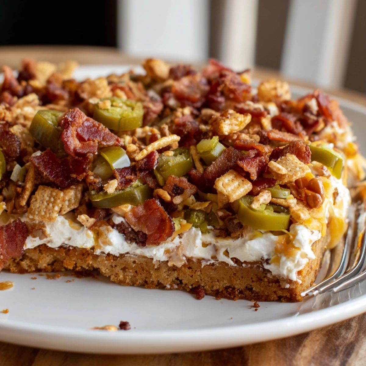 Delicious Loaded Jalapeño Pretzel Sheet Cake garnished with crunchy pretzels and jalapeños.  