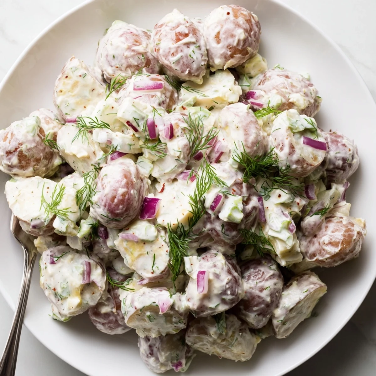 Creamy Spicy Pickle Ranch Potato Salad garnished with fresh herbs, perfect for summer picnics.  