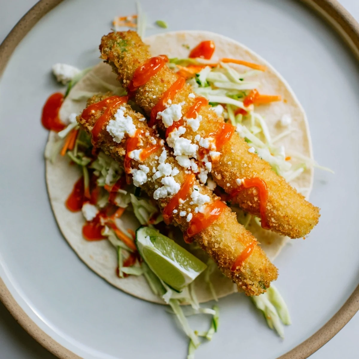 Crispy Sweet Chili Fried Pickle Tacos garnished with tangy slaw and fresh lime.