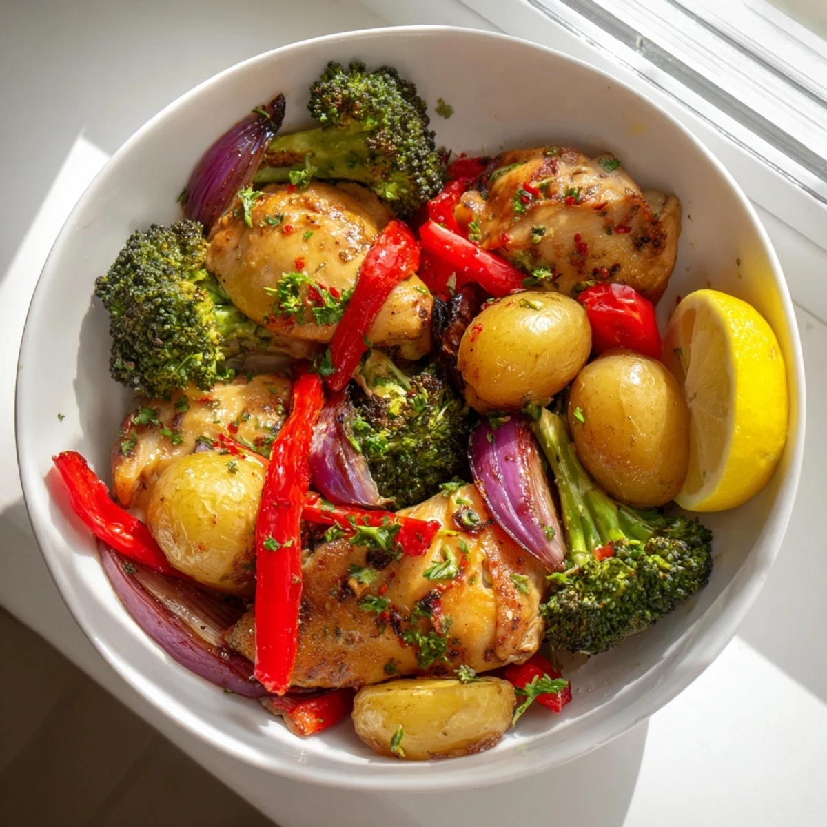 Succulent chicken thighs and vibrant veggies in a Lazy Gourmet Chicken & Vegetable One-Pot meal.  