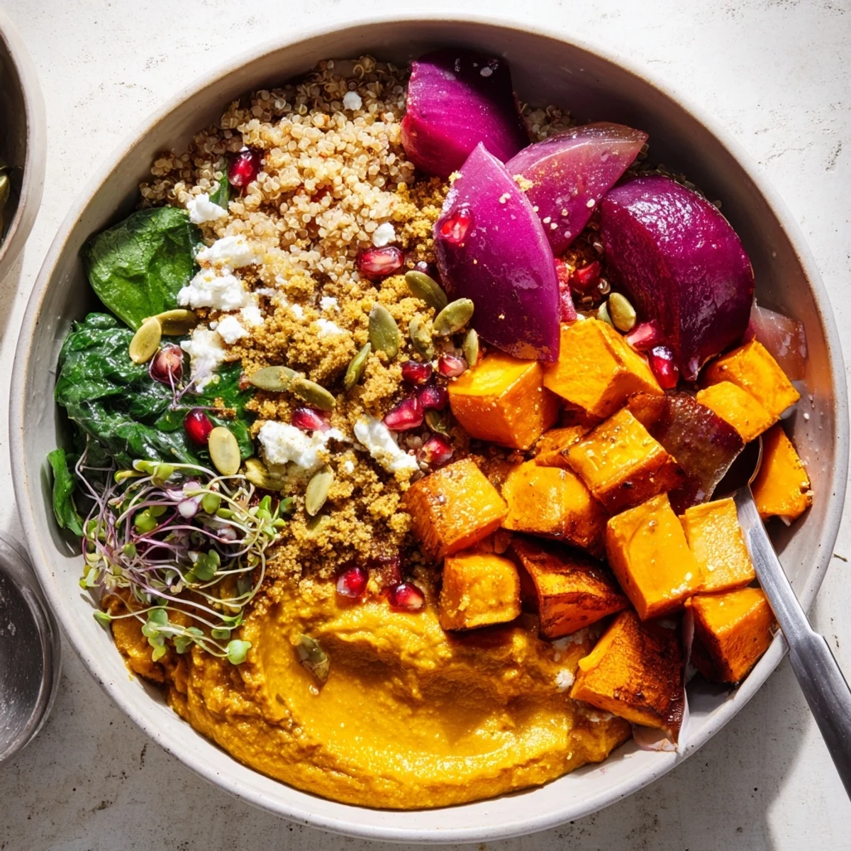 Vibrant winter bowl featuring warm roasted squash and sweet potato with spices.  