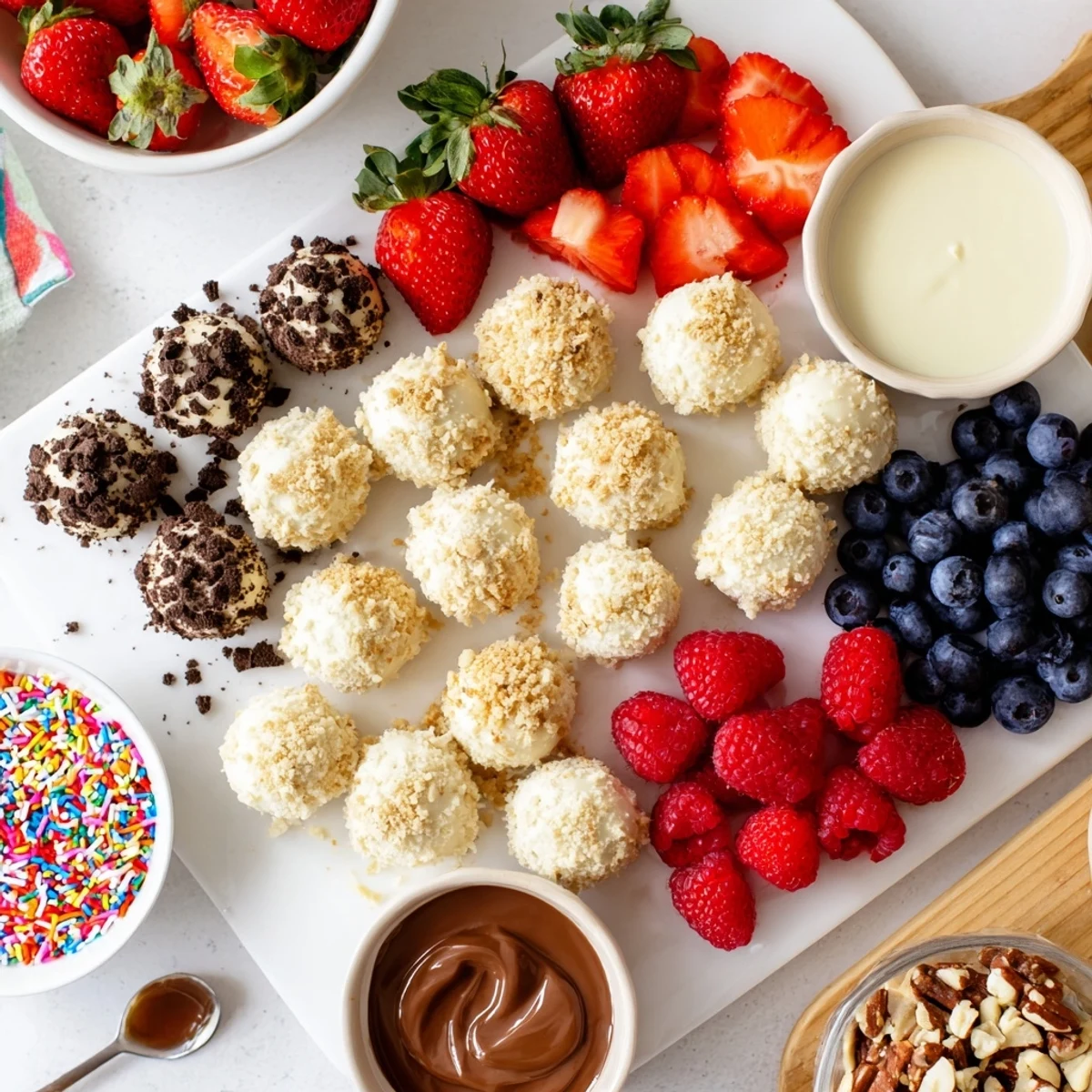 Colorful cheesecake bites on a rustic board, inviting you to customize your dessert experience.