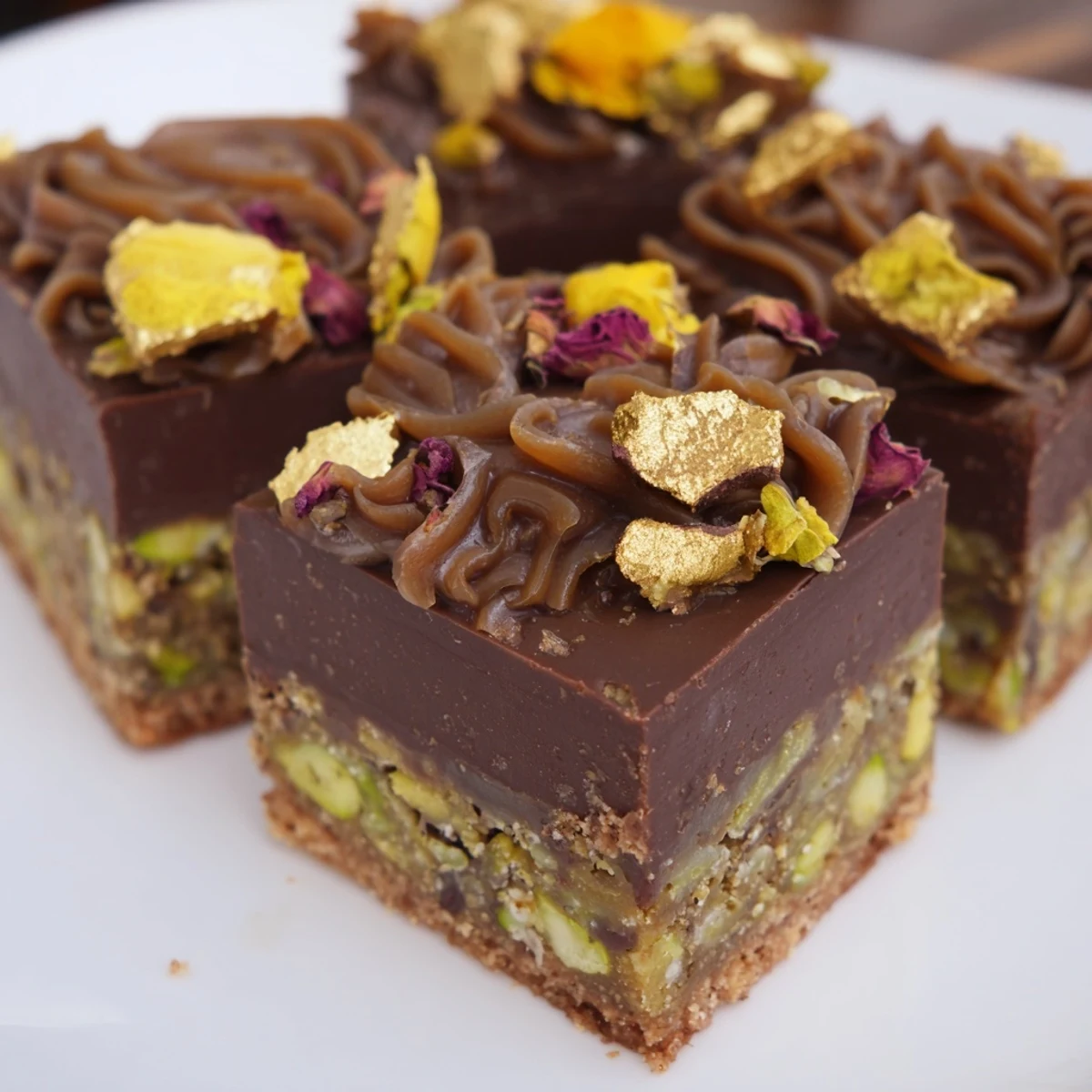 Decadent chocolate bar inspired creations with spiced date caramel and crunchy layers.  