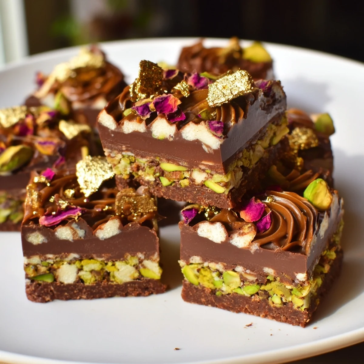 Elegant layers of chocolate topped with crushed pistachios and toasted coconut flakes.  