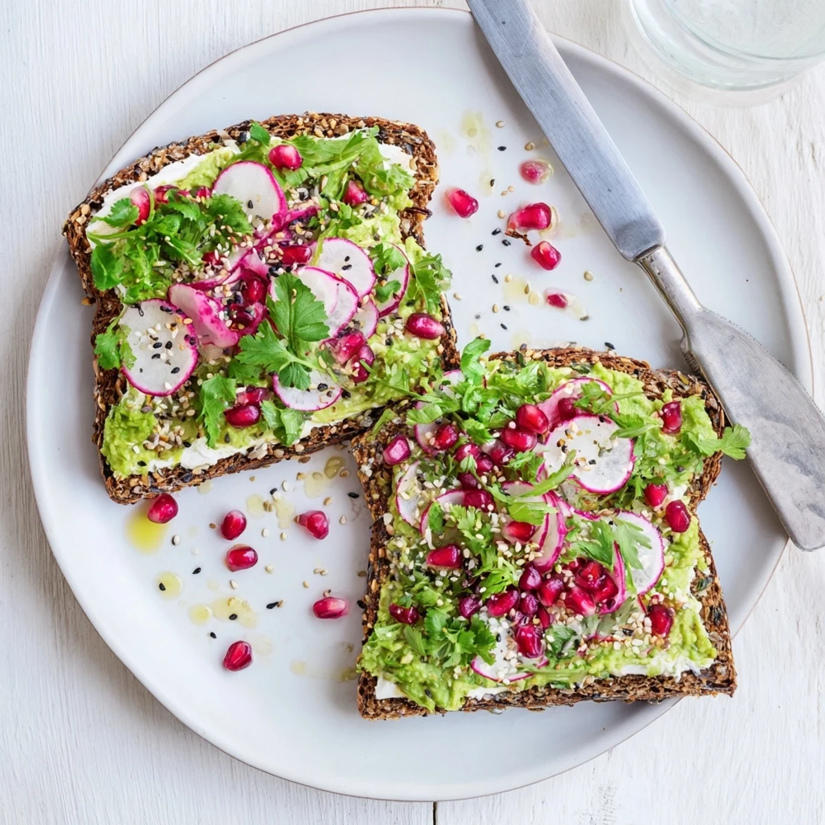 Freshly made Bright & Bold Breakfast Toasts with radishes, pomegranate, and herbs for added crunch.