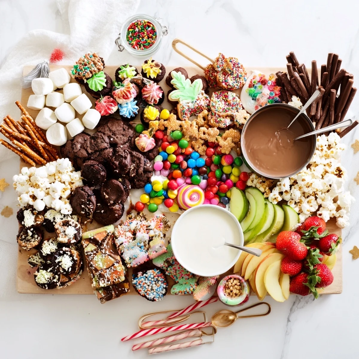 A colorful dessert board with festive snacks and sweet treats arranged beautifully.  