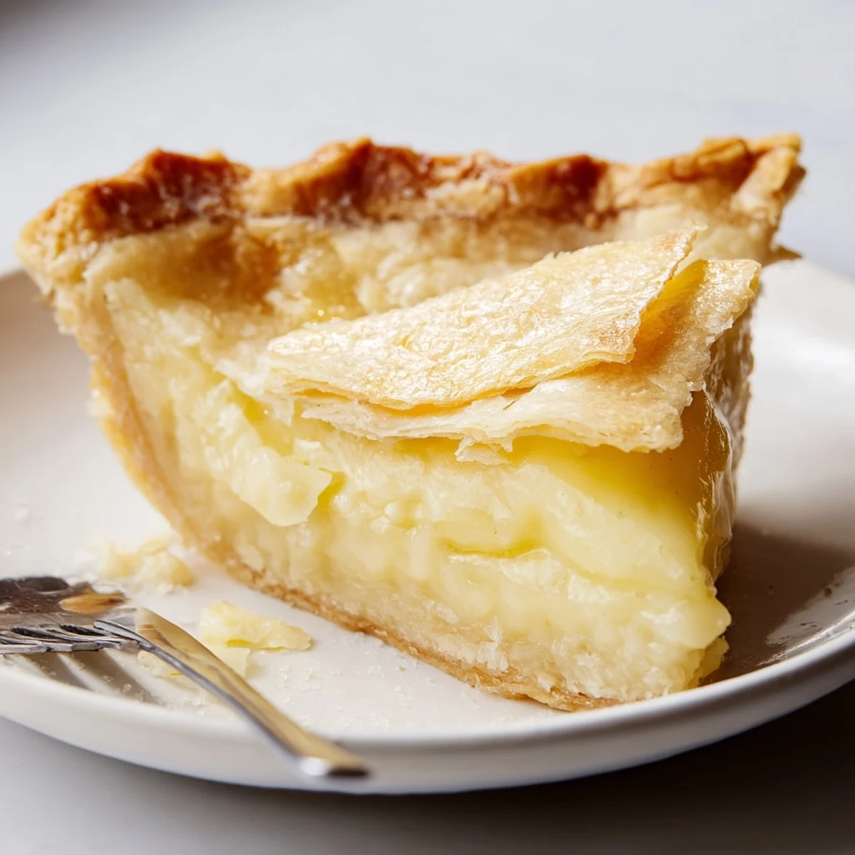 Creamy water pie with vanilla flavor and golden, flaky crust served chilled.  
