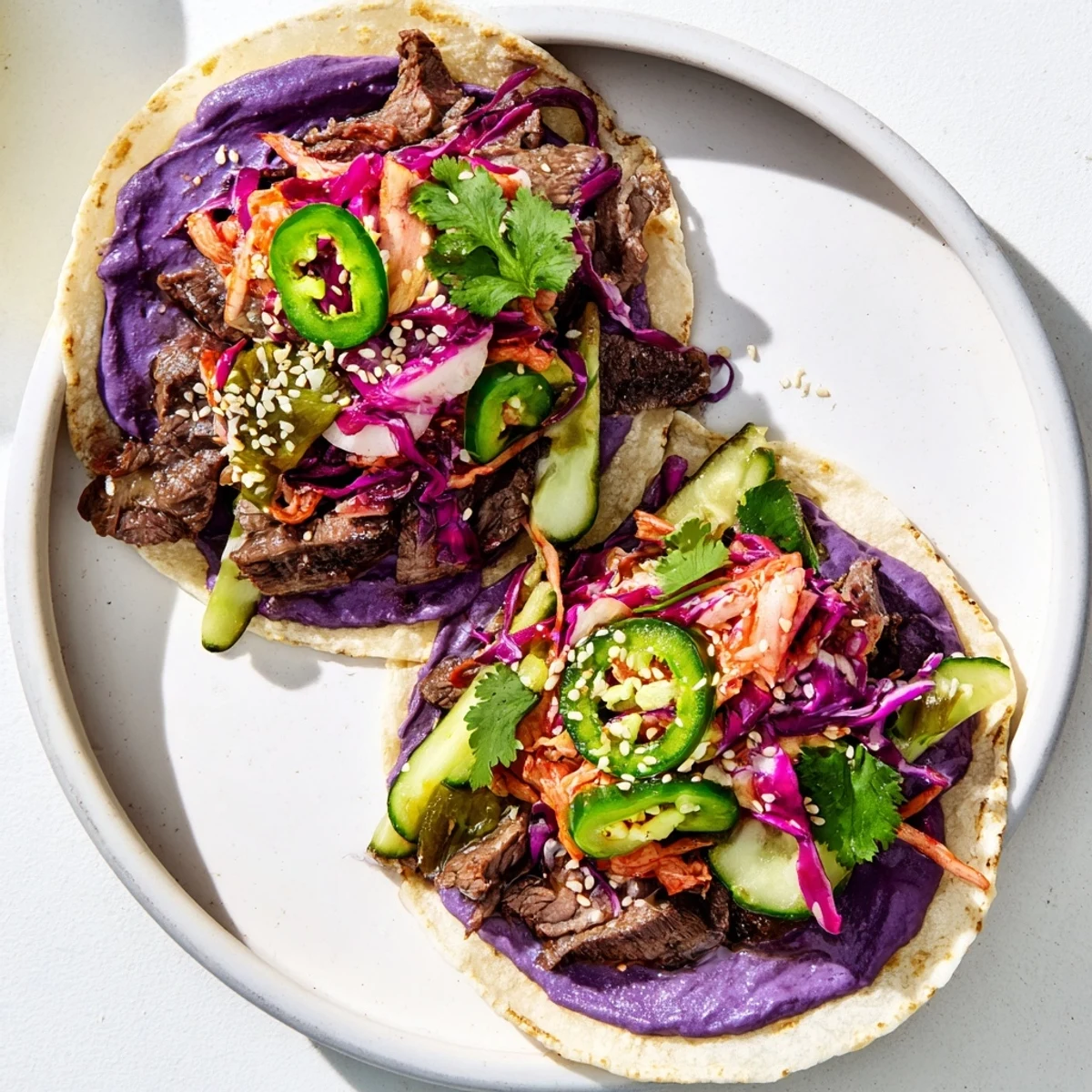 Vibrant Global Street-Food Fusion Tacos topped with ube crema and fresh vegetables.