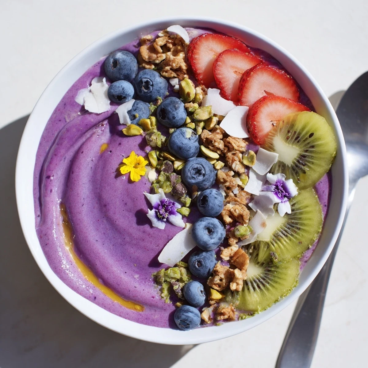 Delightful breakfast smoothie bowls, blending purple yam, bananas, and fresh berries.