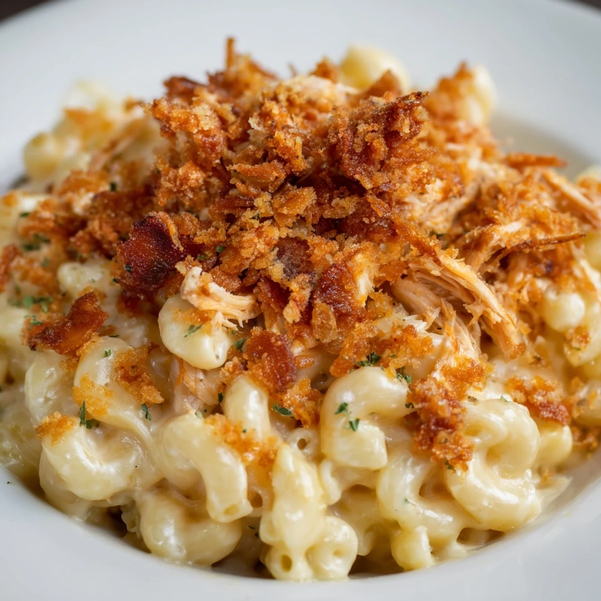 Melt-in-your-mouth Classic Mac & Cheese with smoky BBQ chicken, ideal for a cozy meal.