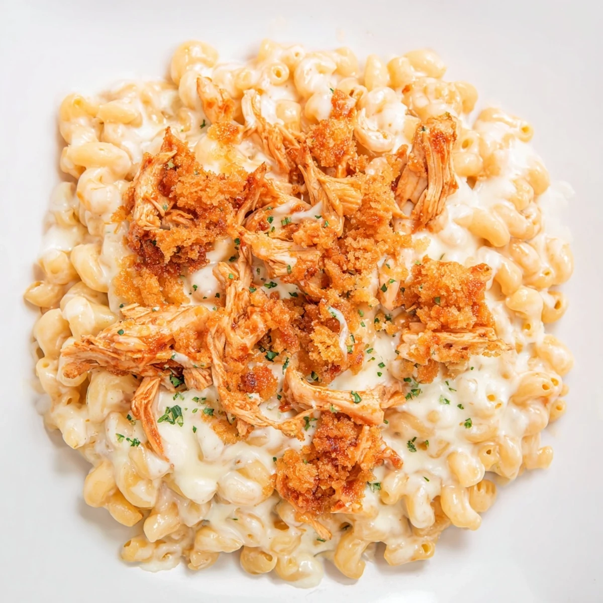 Savory Classic Mac & Cheese topped with BBQ chicken, a delightful family comfort dish.  