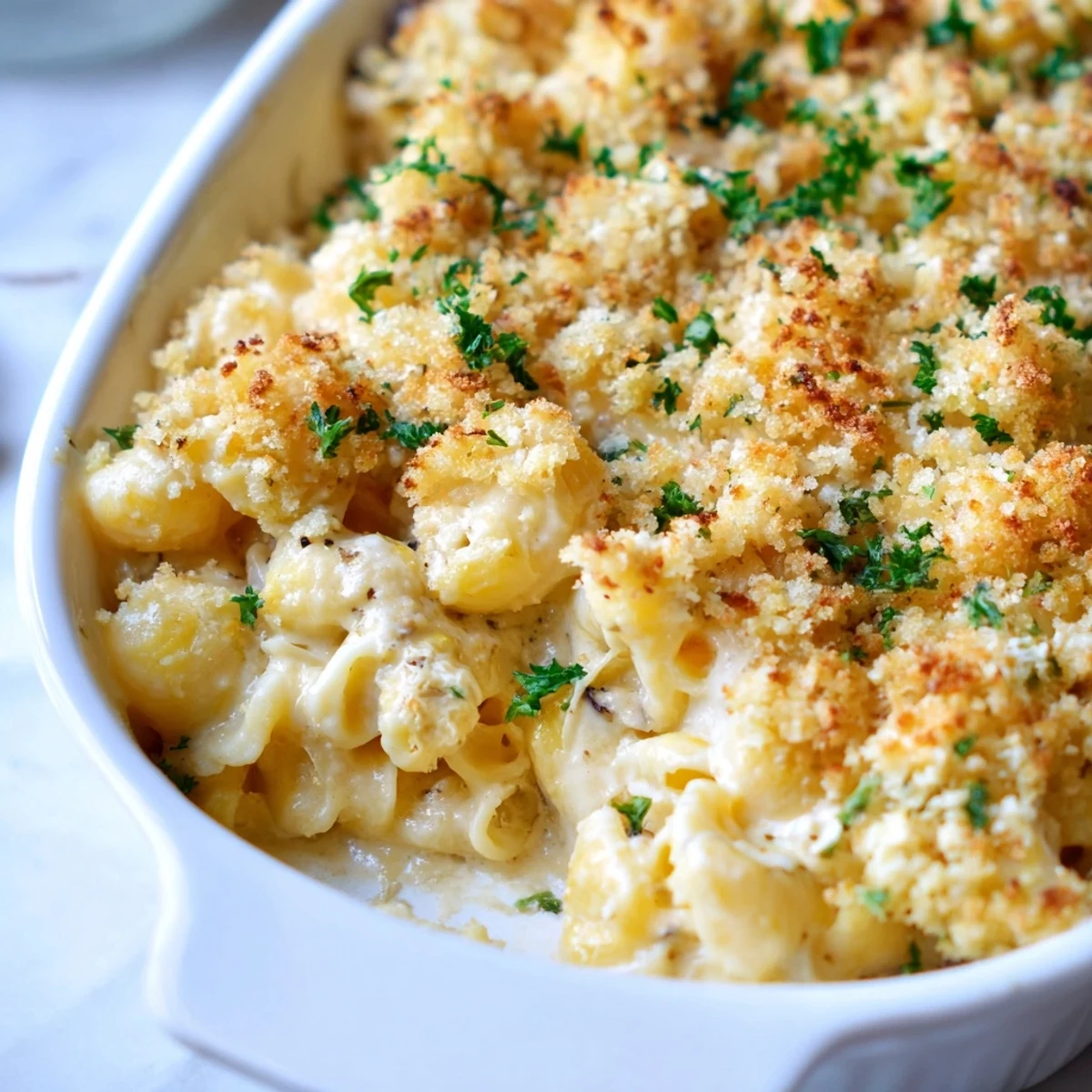 Baked Truffle Macaroni & Cheese with crispy panko, an upscale twist on a classic dish.