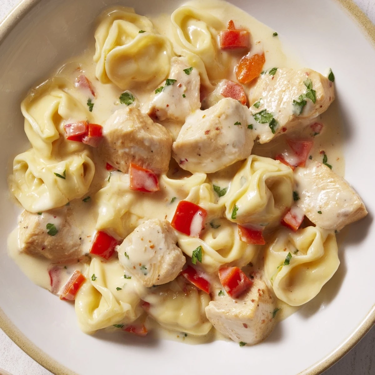 Zesty Cajun Garlic Parmesan Chicken Tortellini with creamy sauce and vibrant veggies on a plate.  