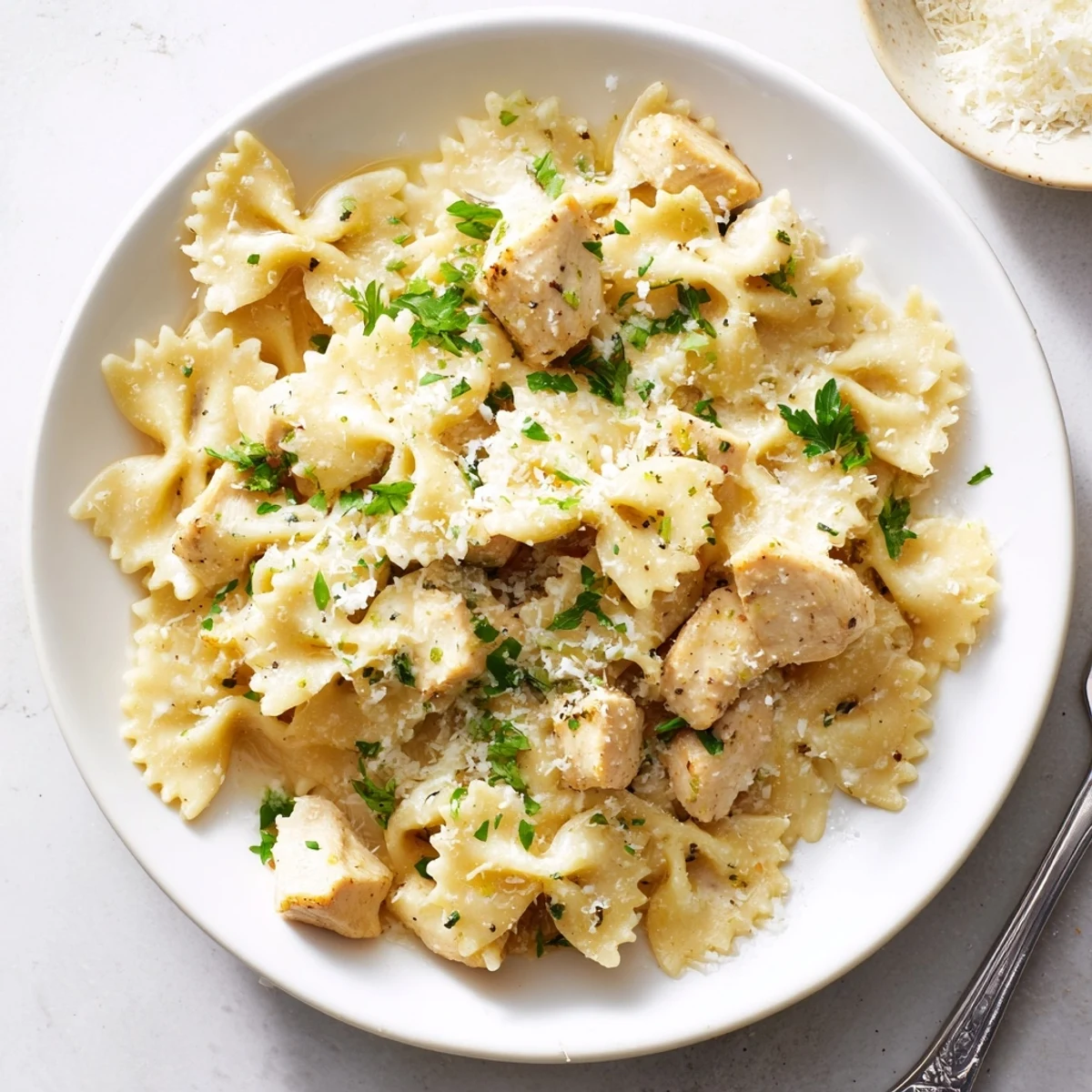 Deliciously creamy Mozzarella Garlic Butter Chicken Bowties garnished with herbs and melted cheese.  