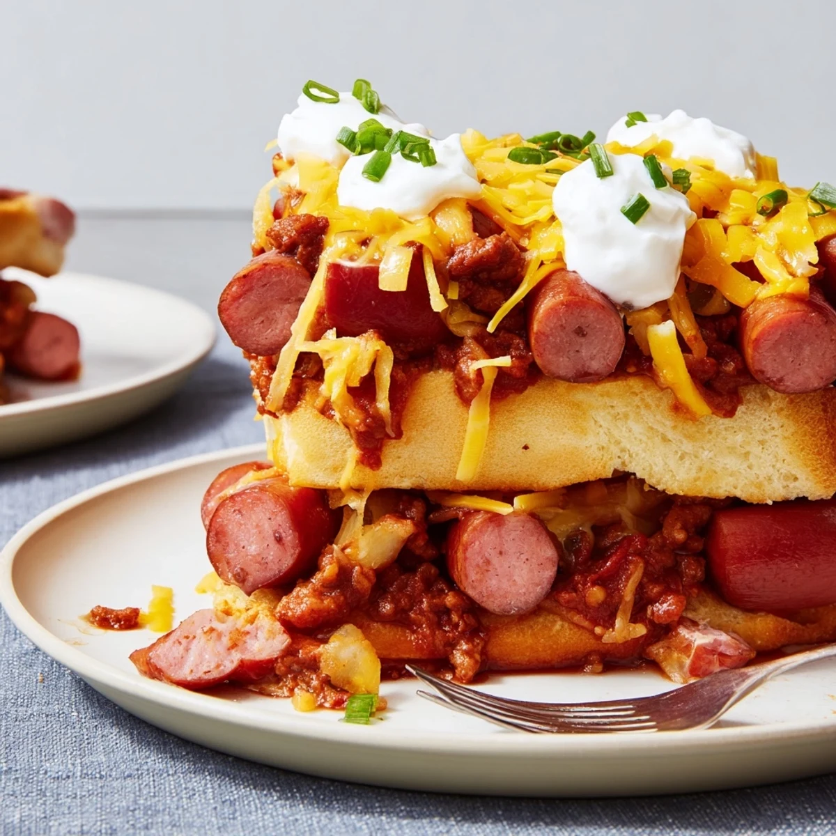 Savory Chili Dog Casserole topped with melted cheese, perfect for cozy family dinners.  
