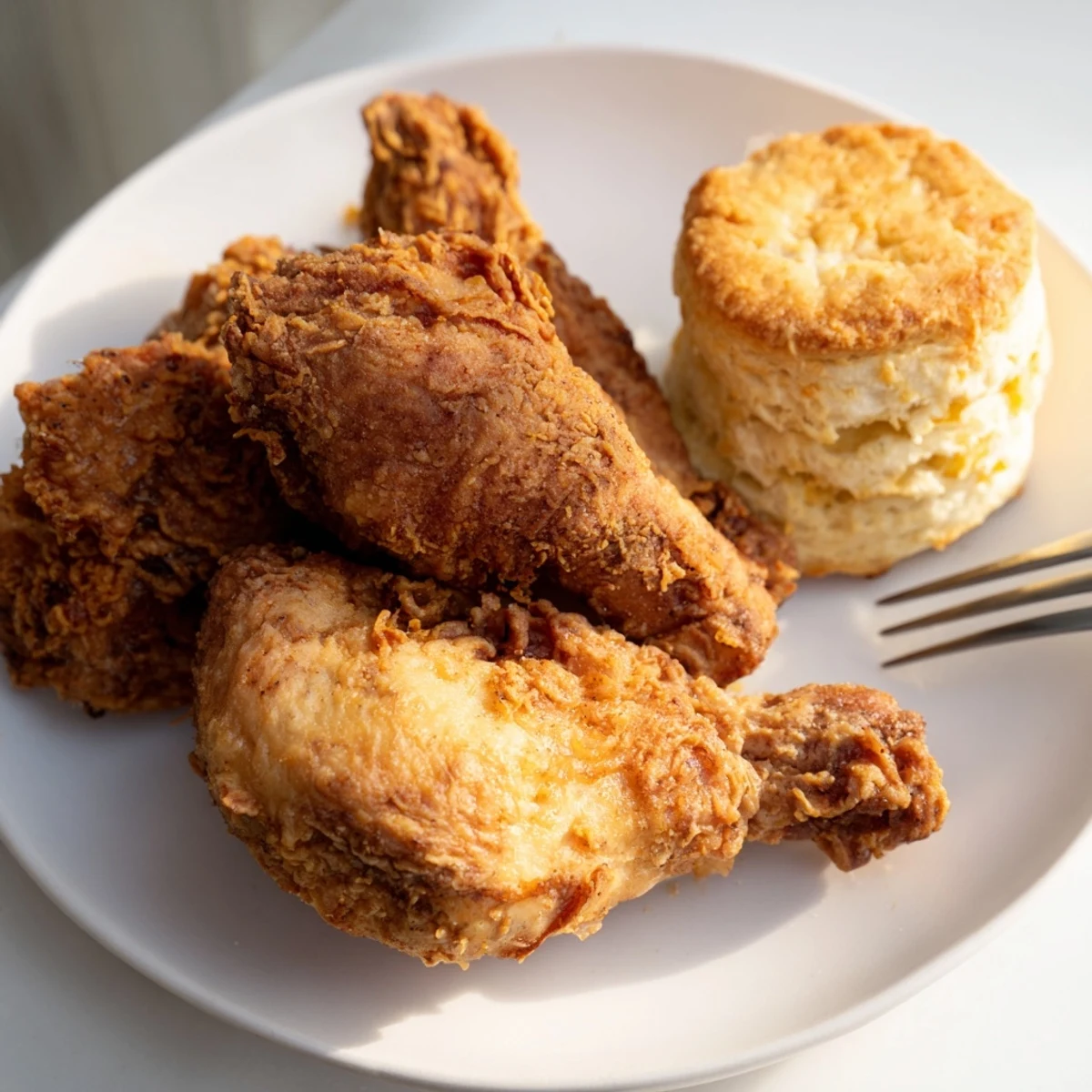 Crispy Southern fried chicken with fluffy buttermilk biscuits, perfect for family dinners.