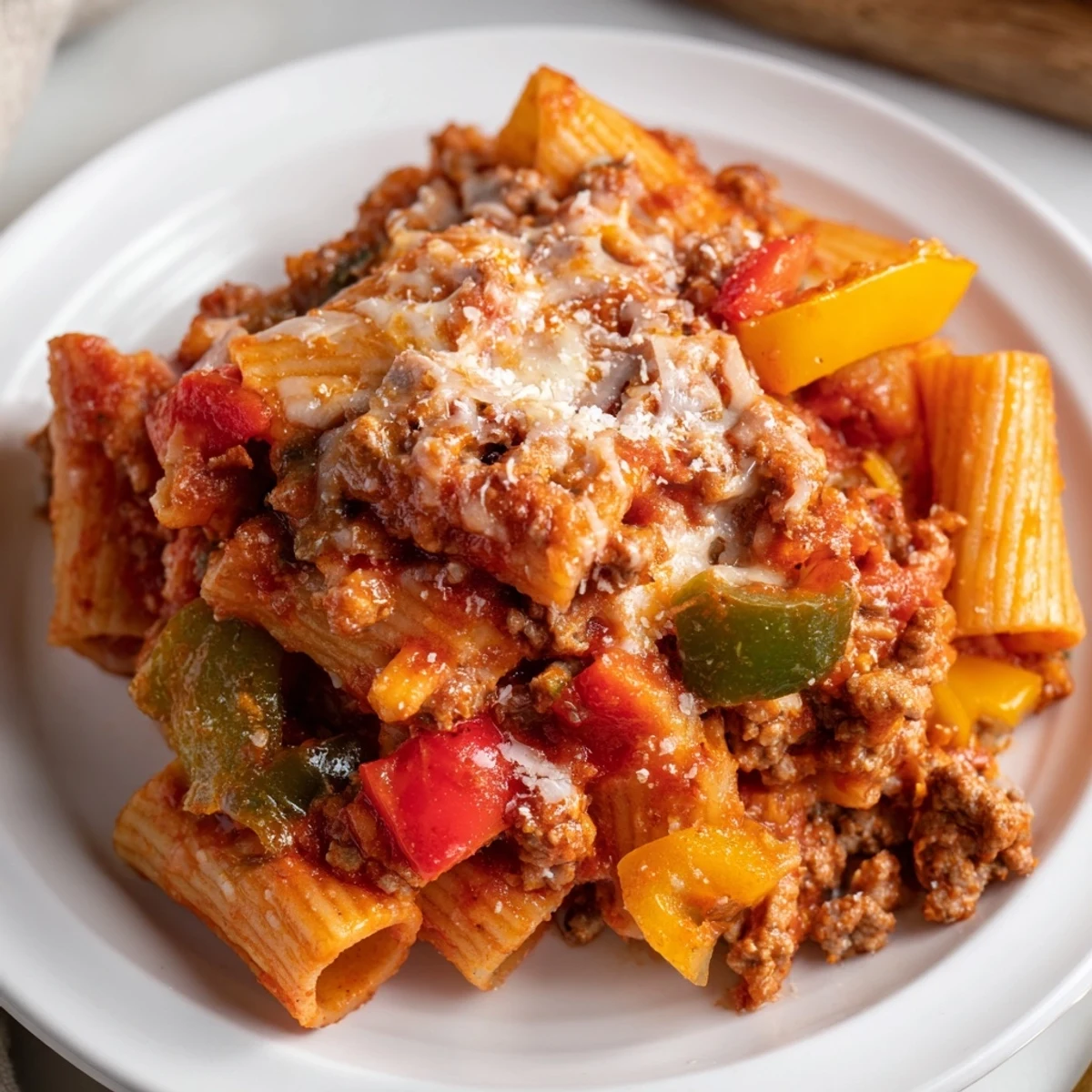 Hearty baked rigatoni with sausage & peppers, featuring layers of savory flavors and cheese.  