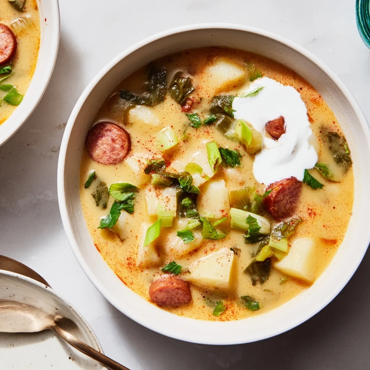 Delicious Potato, Leek & Chorizo Soup steaming in a rustic bowl on a kitchen table.  