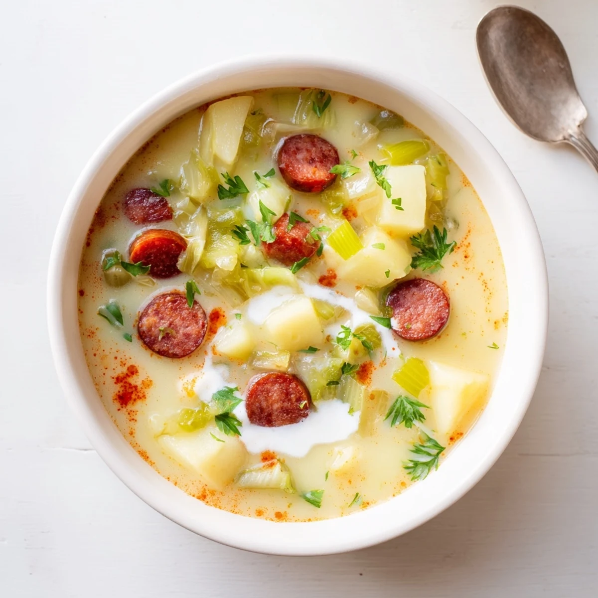 Creamy Potato, Leek & Chorizo Soup Bowl garnished with parsley and crusty bread.  