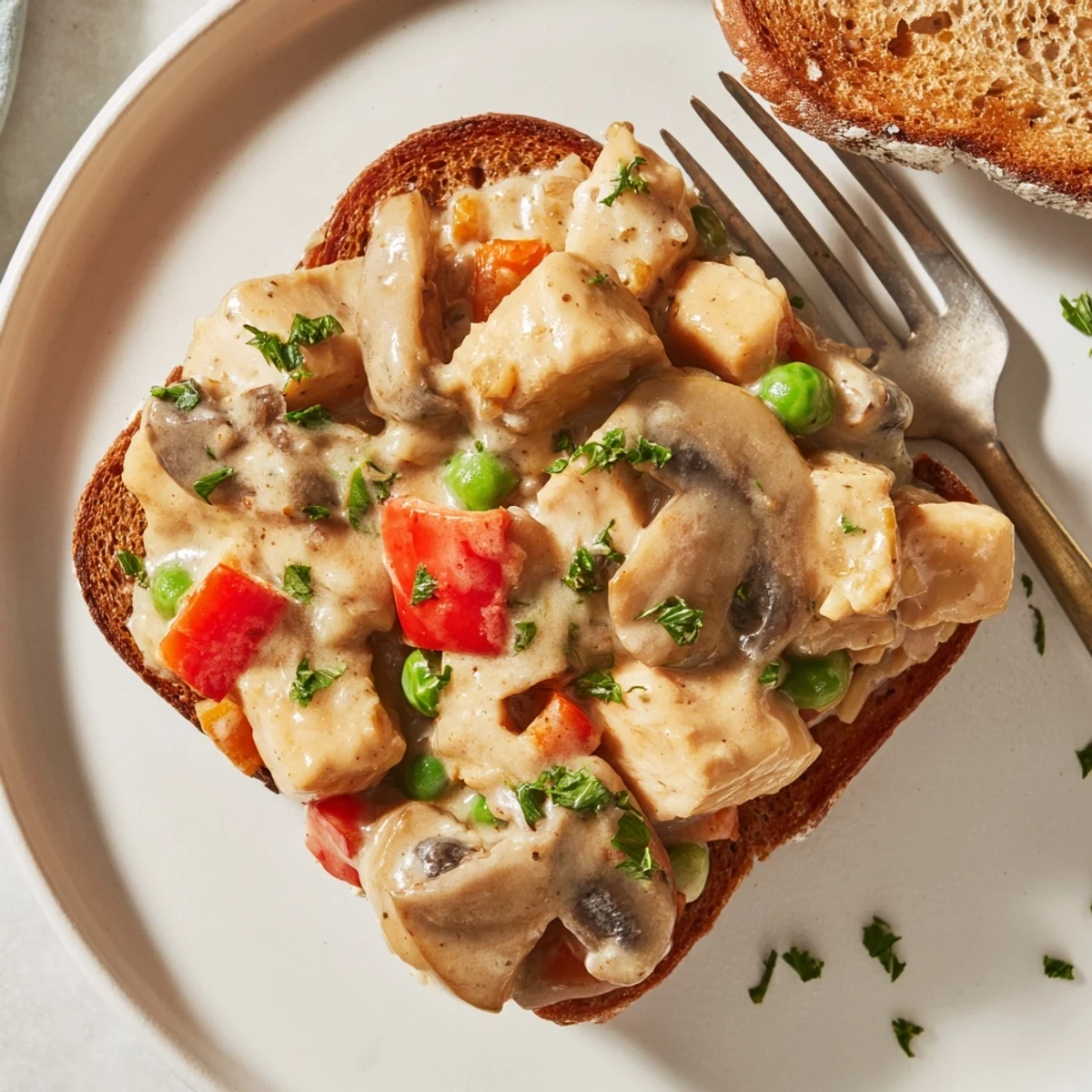 Creamy chicken à la king served over crispy buttered toast, a comforting delight.  