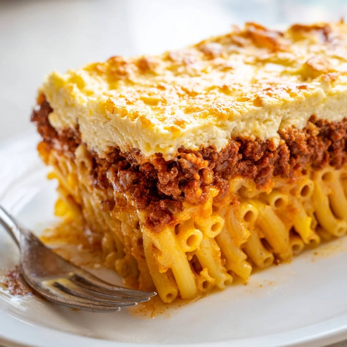 Layers of Greek Pastitsio with hearty beef and creamy béchamel sauce, baked golden.  