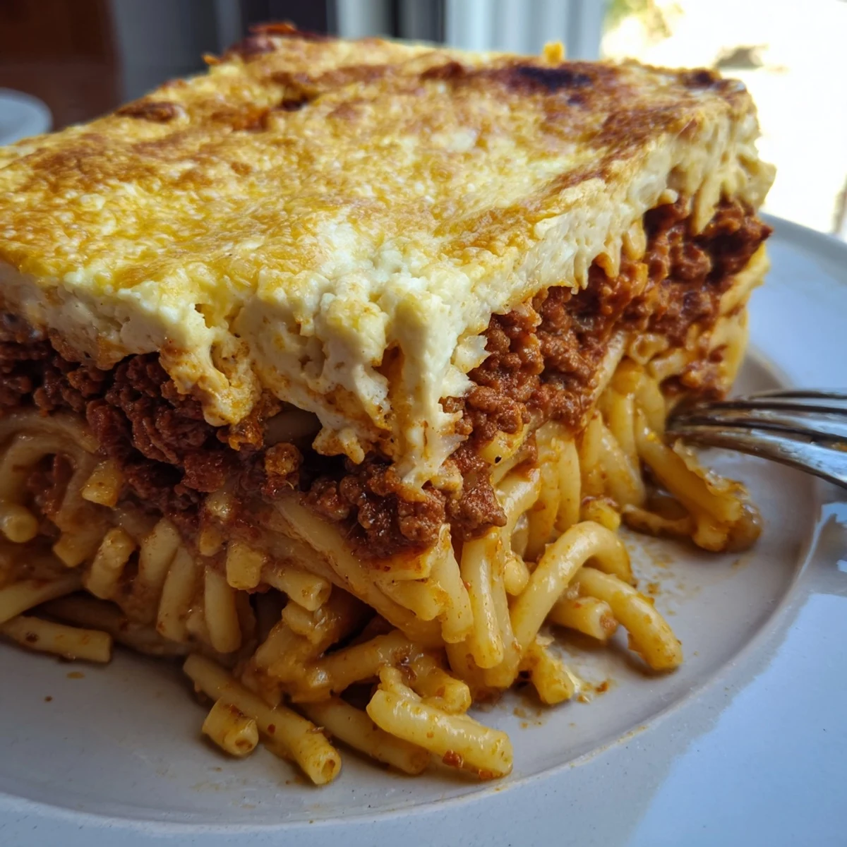 Golden-brown Greek Pastitsio casserole, filled with pasta, spiced beef, and rich sauce.  