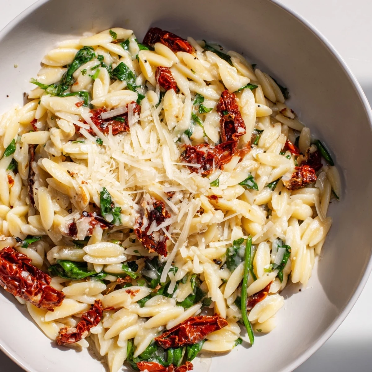 Creamy Tuscan Orzo Bowl filled with garlic-Parmesan sauce and vibrant spinach.  