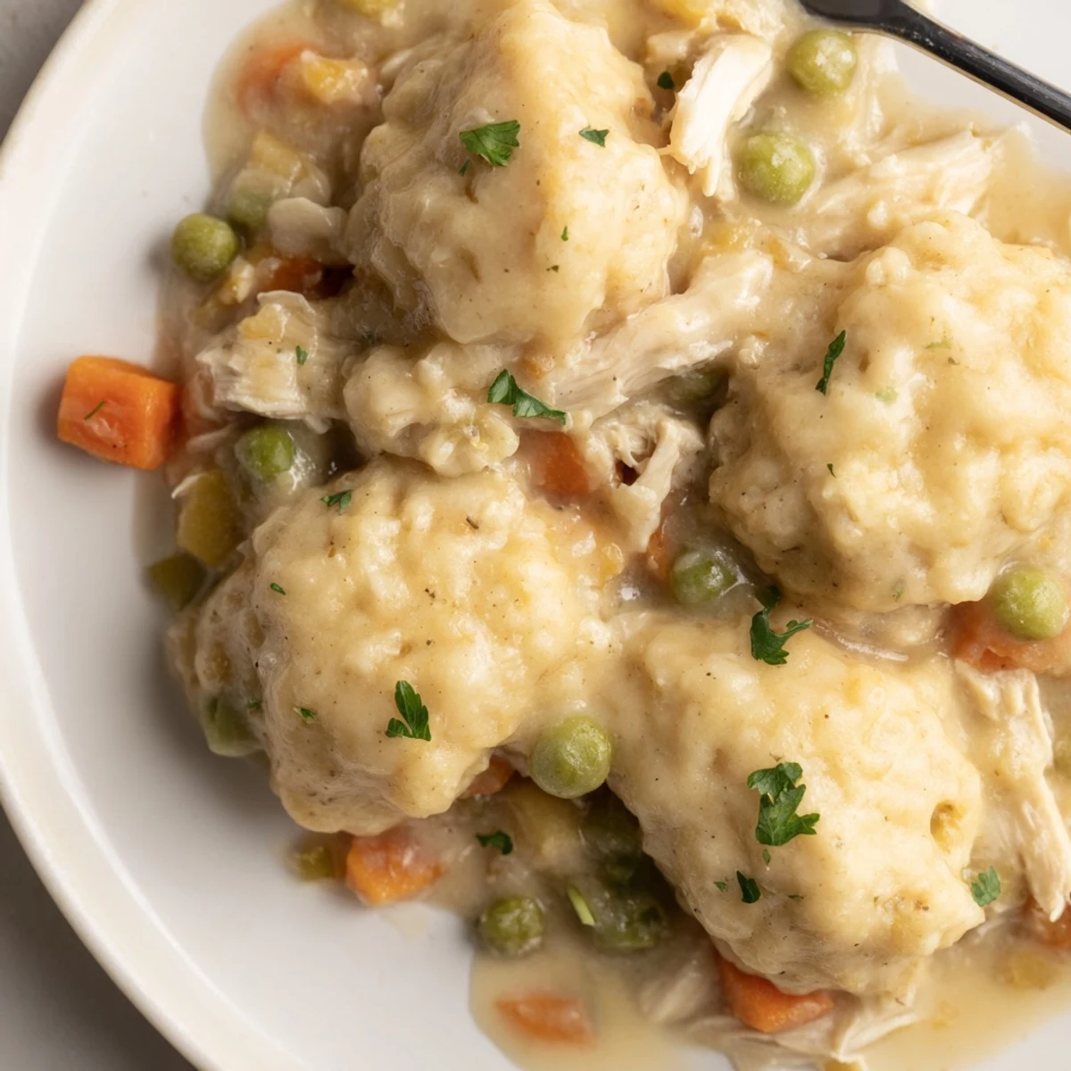 Hearty Chicken and Dumplings Casserole, featuring a creamy sauce and fresh parsley garnish.